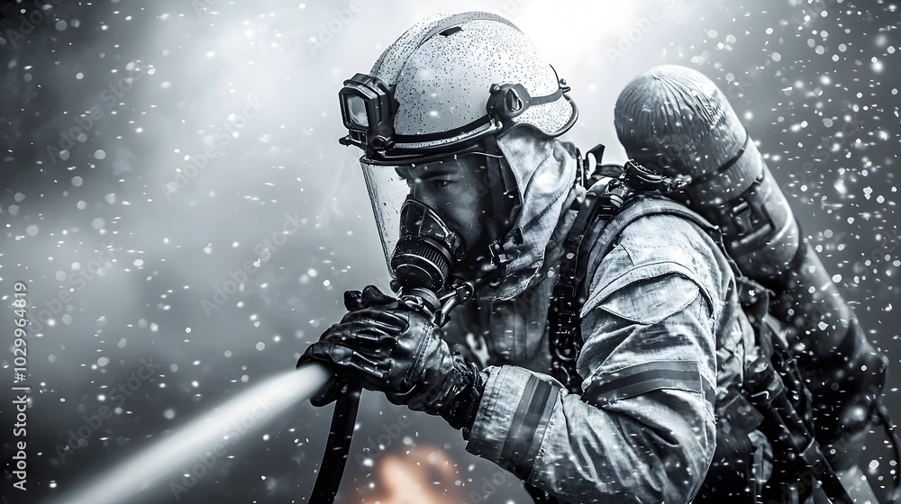 Courageous firefighter wearing protective gear and helmet operating a high pressure water hose to extinguish a raging fire at night Courageous firefighter wearing protective gear and helmet operating a high pressure water hose to extinguish a raging fire at night