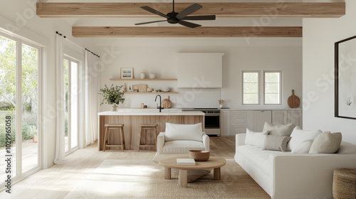 A bright and airy living room featuring modern design with wooden beams, cozy sofa, and stylish kitchen area. space is inviting and perfect for relaxation