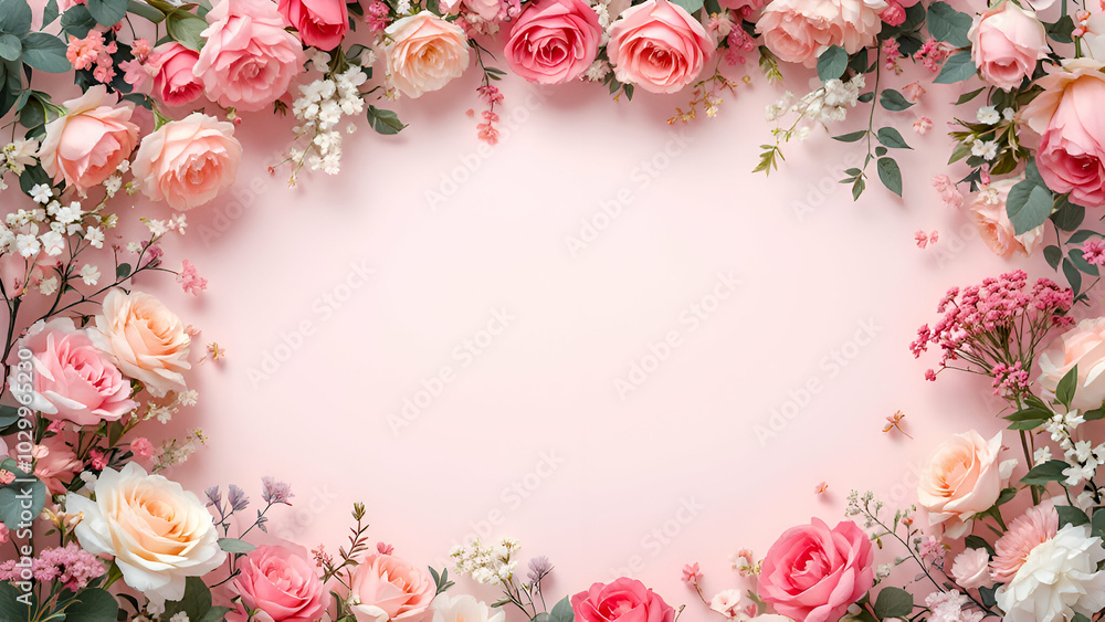 A soft pink background is adorned with a border of pink roses, white blossoms, and green foliage, creating a delicate and romantic setting. A soft pink background is adorned with a border of pink roses, white blossoms, and green foliage, creating a delicate and romantic setting.