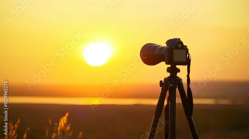 Trendy Camera on Tripod Capturing Sunset Beauty