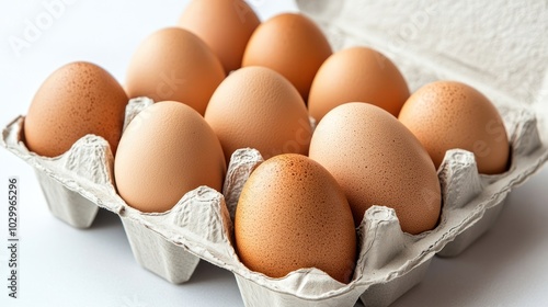 Close-up of brown eggs in a cardboard carton.