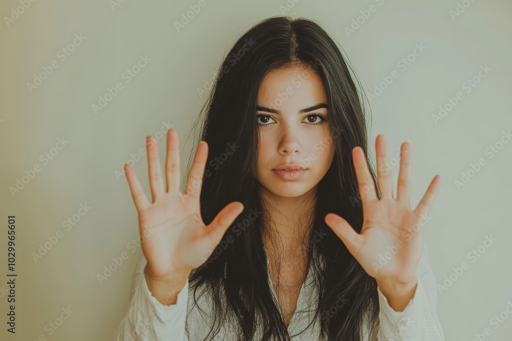 Woman Saying No with Hands, Refusal or Disagreement Concept Generative AI Woman Saying No with Hands, Refusal or Disagreement Concept Generative AI