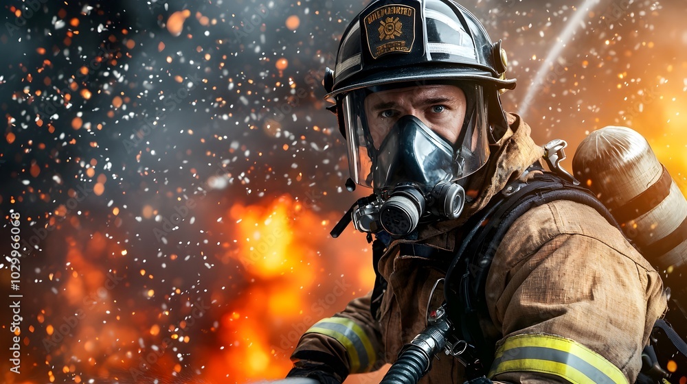 Courageous firefighter in full protective gear and helmet operating high pressure fire hose to extinguish a raging blazing fire at night with ample copy space for text overlay Courageous firefighter in full protective gear and helmet operating high pressure fire hose to extinguish a raging blazing fire at night with ample copy space for text overlay