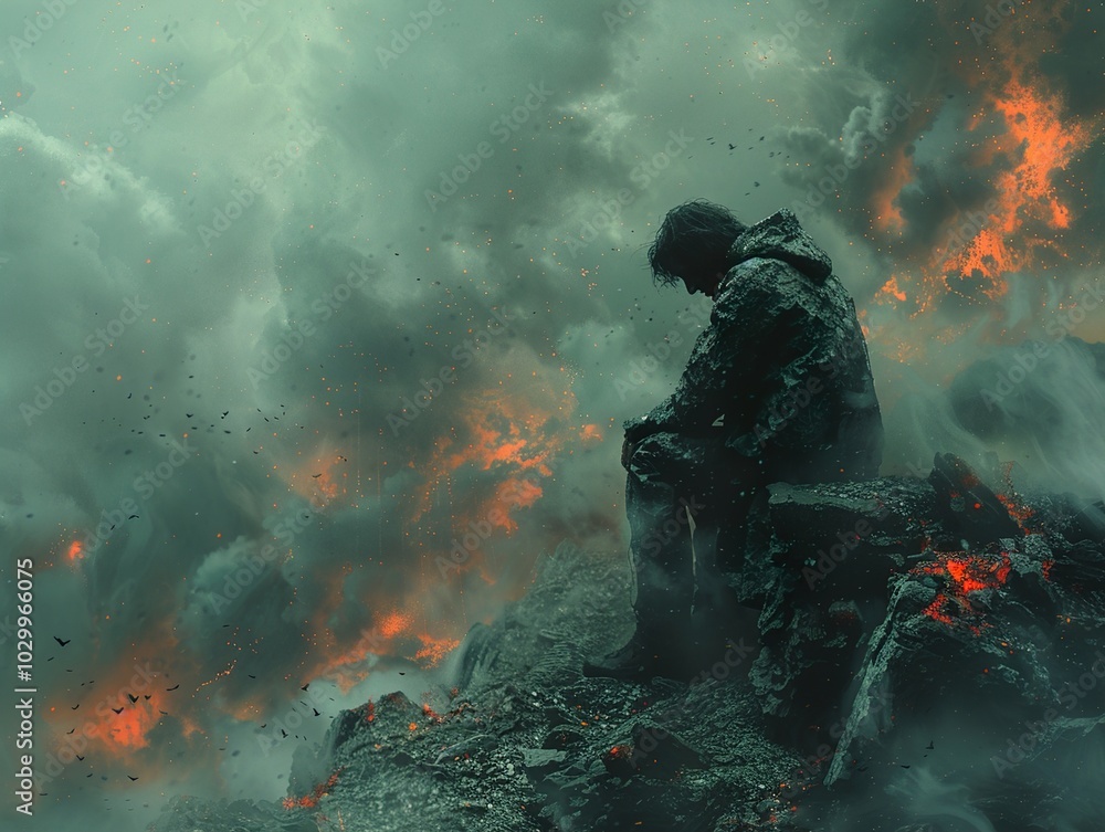 Man in Despair Amidst Apocalyptic Fire Man in Despair Amidst Apocalyptic Fire