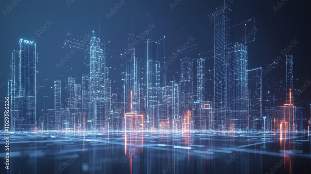 A futuristic city with simple 3D shapes, showcasing an automated system for smart buildings. This design represents the future of cities connected by technology.low poly wireframe. A futuristic city with simple 3D shapes, showcasing an automated system for smart buildings. This design represents the future of cities connected by technology.low poly wireframe.
