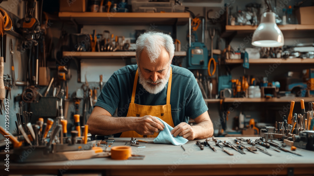 An elderly man in workshop carefully cleans tools, surrounded by various instruments and equipment. His focused expression reflects deep passion for craftsmanship and attention to detail An elderly man in workshop carefully cleans tools, surrounded by various instruments and equipment. His focused expression reflects deep passion for craftsmanship and attention to detail