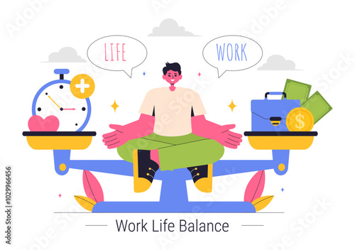 Work Life Balance Vector Illustration of a Person Balancing Job, Family and Leisure Activities in a Multitasking Flat Style Cartoon Background