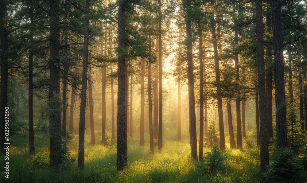 Fototapeta premium Tall pine trees in summer