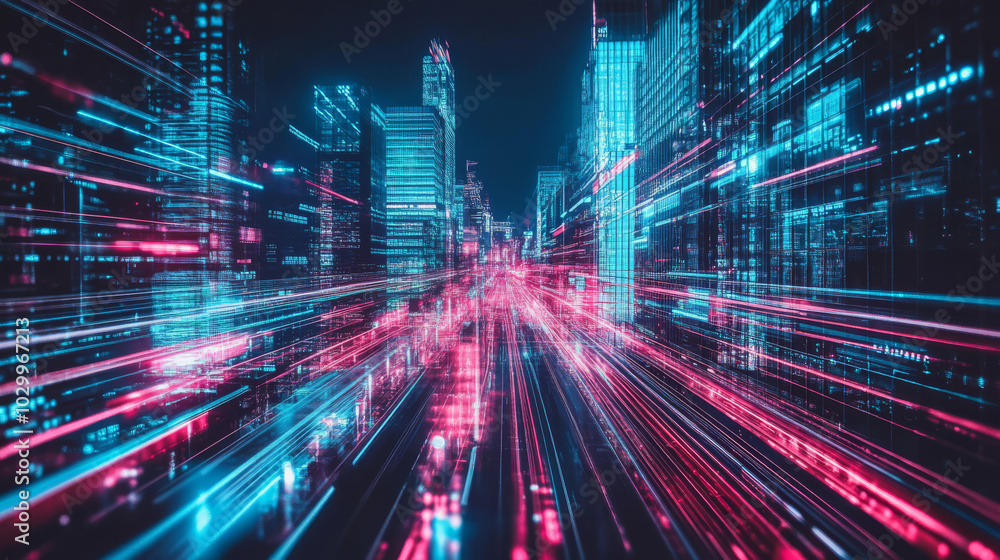 A futuristic city with glowing neon lights and smart buildings. This image represents a concept of intelligent automation and urban technology in a vibrant, cyberpunk-inspired world. A futuristic city with glowing neon lights and smart buildings. This image represents a concept of intelligent automation and urban technology in a vibrant, cyberpunk-inspired world.