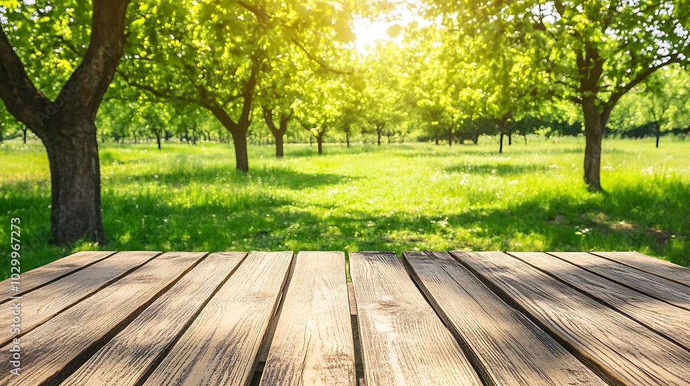 Wooden Table Top In A Summer Meadow With Trees Light Gradient Background with Room for Typography Wooden Table Top In A Summer Meadow With Trees Light Gradient Background with Room for Typography