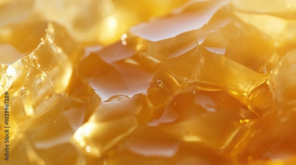Close-up of golden gelatin cubes with a glossy, translucent surface and light reflecting from the surface. Close-up of golden gelatin cubes with a glossy, translucent surface and light reflecting from the surface.