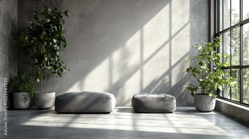 Modern loft with a spacious blank wall, 3D illustration for mockups, with sunlight filtering through large glass windows. Modern loft with a spacious blank wall, 3D illustration for mockups, with sunlight filtering through large glass windows.