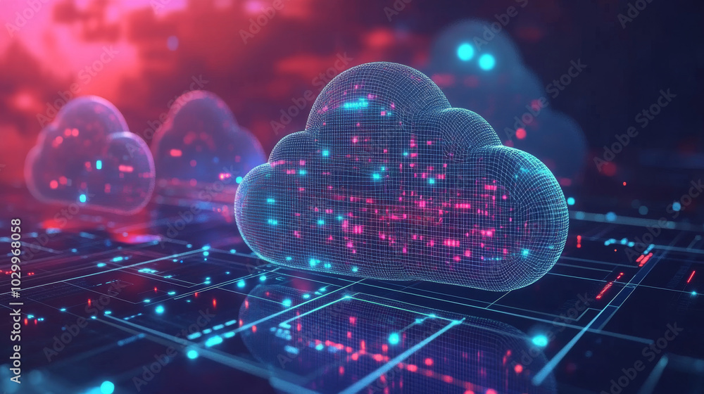 Cloud computing offers online storage, represented by a modern, futuristic design. This illustration highlights the global exchange of data and information using technology.low poly wireframe. Cloud computing offers online storage, represented by a modern, futuristic design. This illustration highlights the global exchange of data and information using technology.low poly wireframe.