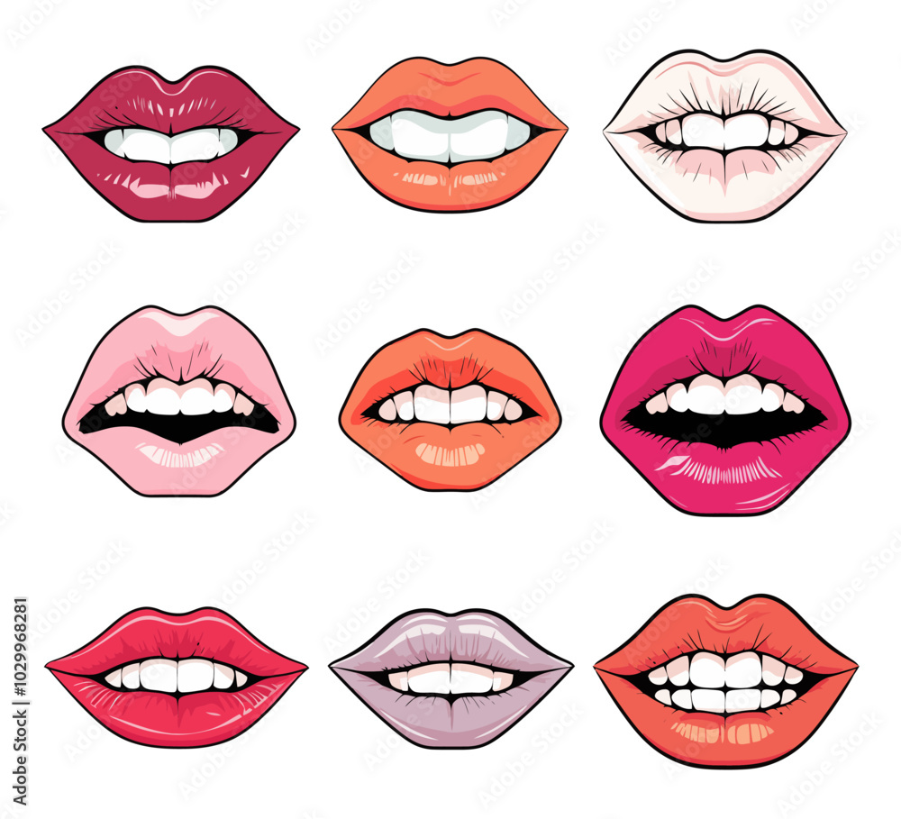 Vector illustration of various lips with teeth in different expressions. Ideal for beauty, fashion, and character designs. Generative AI. Vector illustration of various lips with teeth in different expressions. Ideal for beauty, fashion, and character designs. Generative AI.