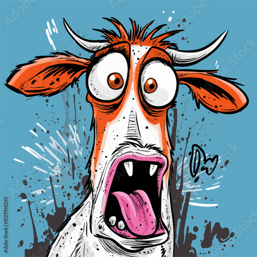 Vector illustration of a startled cartoon cow with a blue background and exaggerated expression, perfect for humor and quirky designs. Generative AI.