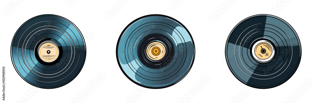 Vector illustration of three vinyl records. Ideal for music, retro, or analog-themed designs. Generative AI. Vector illustration of three vinyl records. Ideal for music, retro, or analog-themed designs. Generative AI.