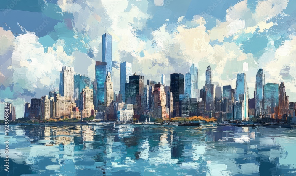 Fototapeta premium View of modern cityscape with hudson river and skyscrapers, new york city, united states.