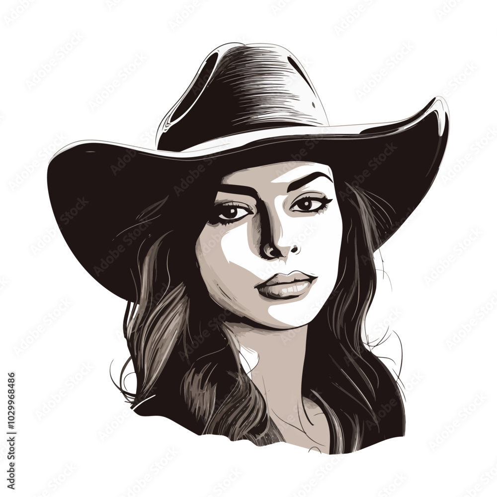 Vector illustration of a beautiful woman in a cowboy hat. Ideal for western, fashion, or lifestyle-themed designs. Generative AI. Vector illustration of a beautiful woman in a cowboy hat. Ideal for western, fashion, or lifestyle-themed designs. Generative AI.