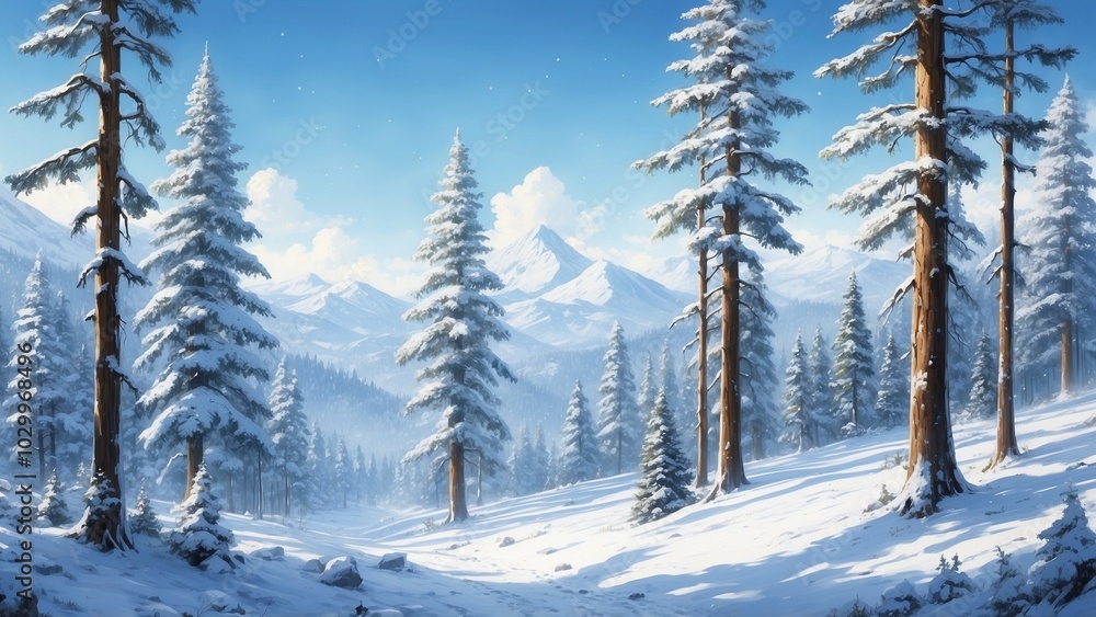 Naklejka premium Serene winter landscape with snow-covered mountains and pine trees under clear blue sky