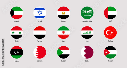 Eastern states flags vector illustration. Asian countries isolated rounded icons. official national flags set with state name. Israel, UAE, Saudi Arabia, Turkey, Egypt simple button badges collection photo