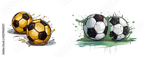 Vector illustration of soccer balls splashed with golden and green liquid. Perfect for sports, creative, or dynamic-themed designs. Generative AI.