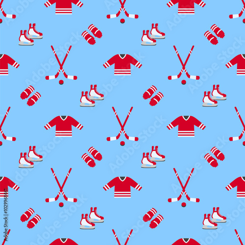 Hockey vector seamless pattern. Winter sports repeat backdrop for clothes prints, fabric and textile. Men's ice hockey equipment template texture. with puck, stick, skates. Red and blue colors.