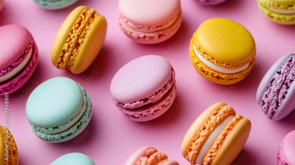 Fototapeta premium Colorful assortment of macarons on a pink background