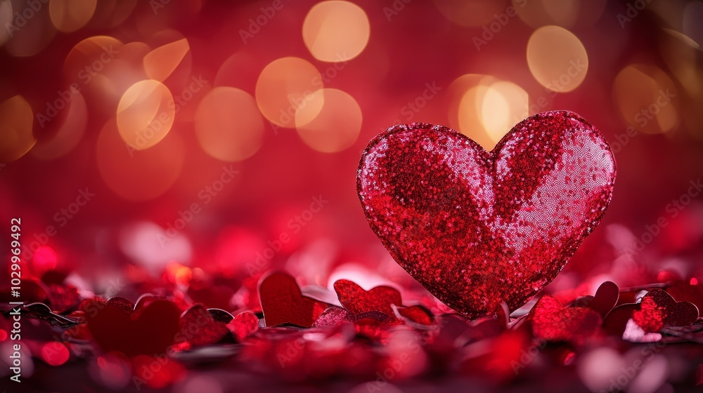 Sparkling red heart on a bed of glittering love-themed decorations Sparkling red heart on a bed of glittering love-themed decorations