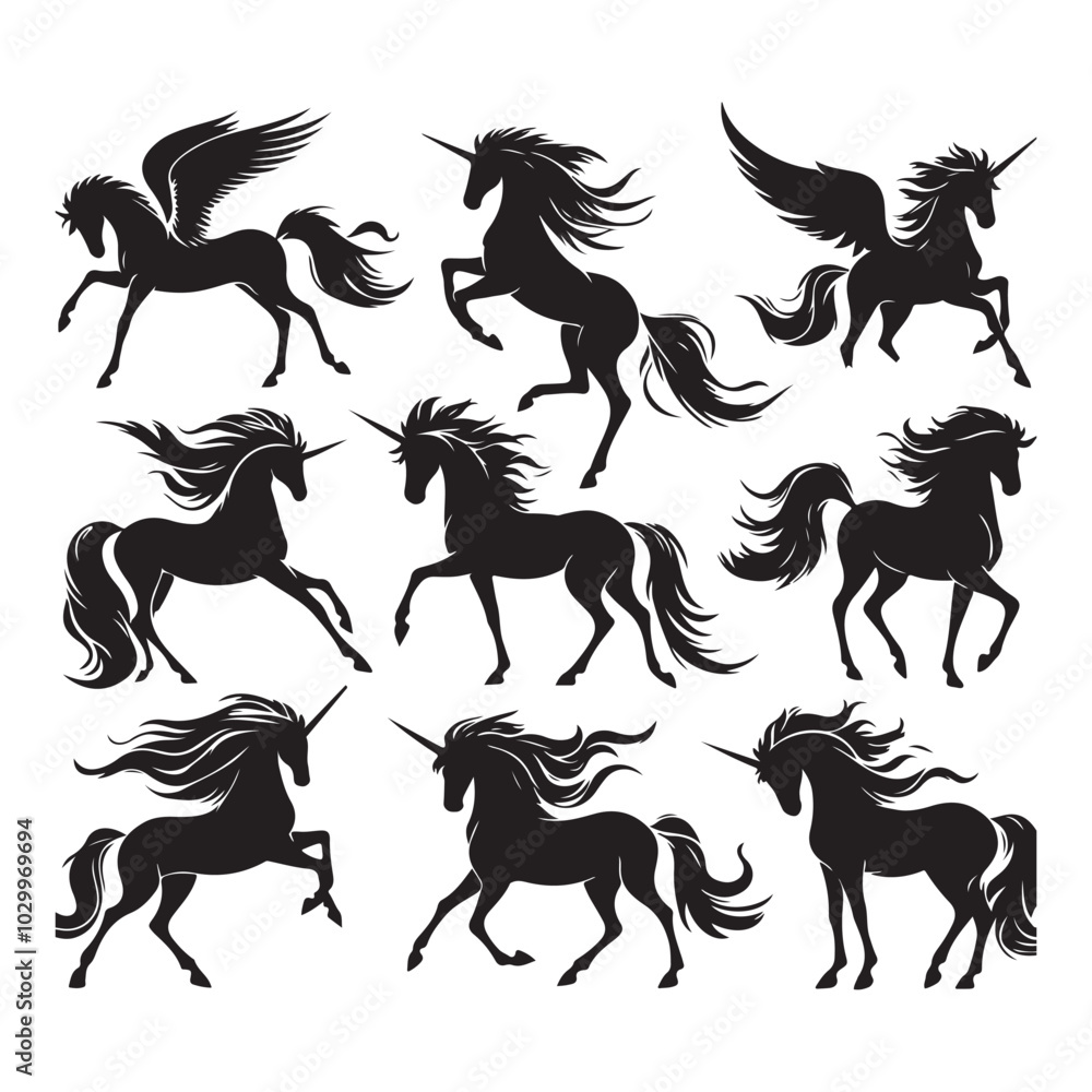 Set of unicorn silhouette vector on white background Set of unicorn silhouette vector on white background