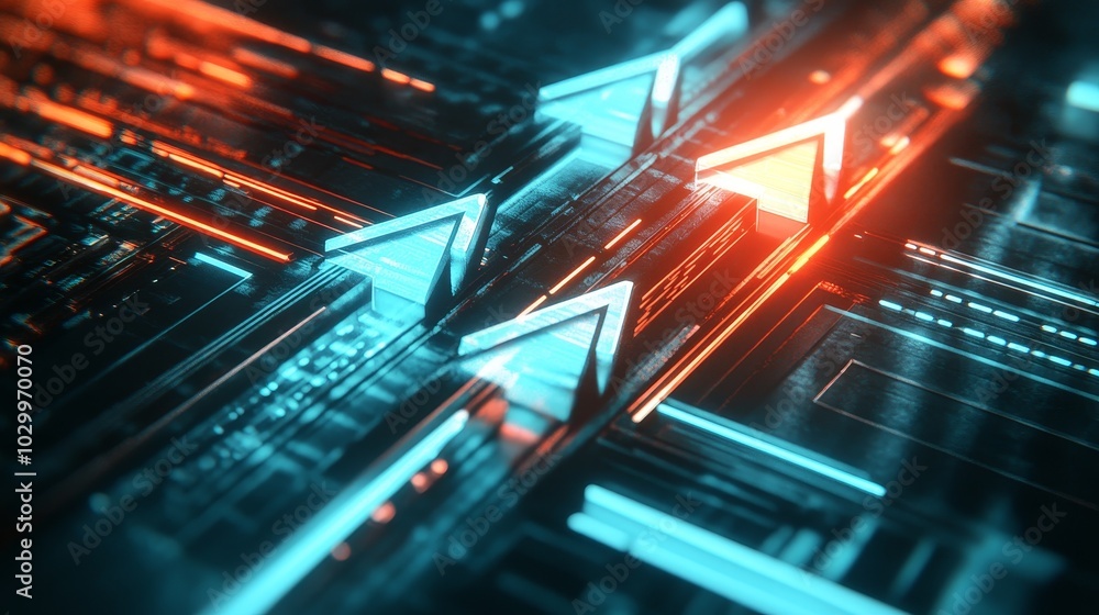 Obraz premium Glowing blue and red arrows over a circuit background