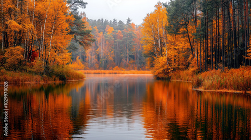 Colorful autumn forest reflected on a calm river surrounded by trees.