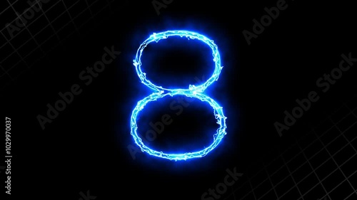 Blue glowing number eight on black grid background.  photo