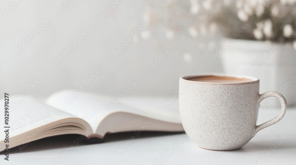 A Minimalist Image of a Book and Coffee on a Clean Table Representing Relaxation and Quiet Moments Generative AI A Minimalist Image of a Book and Coffee on a Clean Table Representing Relaxation and Quiet Moments Generative AI