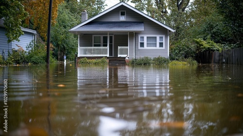 Flooded residential area with water surrounding a house in autumn