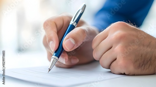 Side view of a person writing on a minimalist clean checklist or to do list with a pen against a white background perfect for highlighting clear and organized task management planning