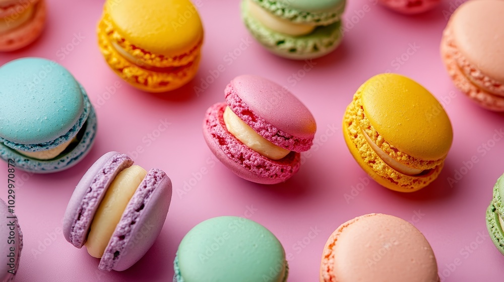Macarons on a pink background for a sweet display