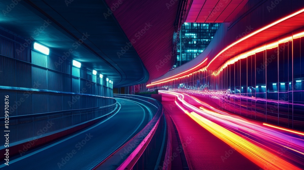 Vibrant light trails illuminate a modern city tunnel at night Vibrant light trails illuminate a modern city tunnel at night