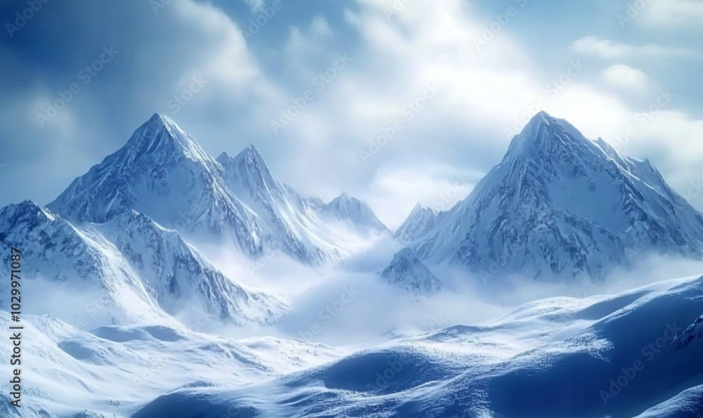 Snowy mountain peaks, where the silence is only broken by the wind, create an environment of solitude and majesty, perfect for those seeking winter raw beauty Snowy mountain peaks, where the silence is only broken by the wind, create an environment of solitude and majesty, perfect for those seeking winter raw beauty