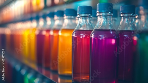 Colorful liquid bottles displayed on shelves in a vibrant store