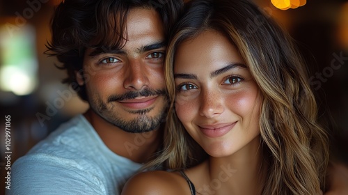 A young Indian man hugs his Latin woman in a living room, both smiling.