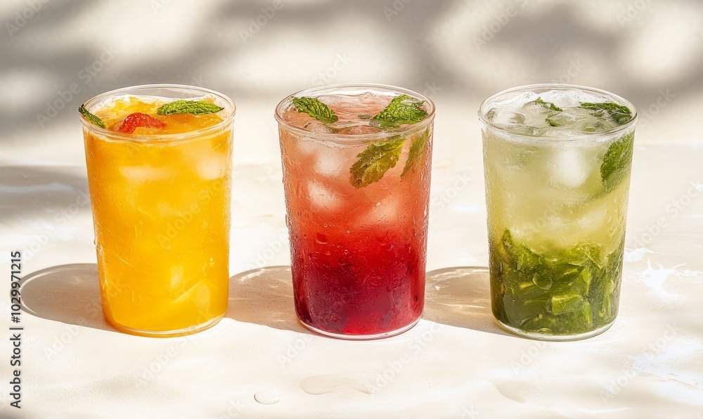 Summer refreshing fruit drinks with ice on a light background Summer refreshing fruit drinks with ice on a light background