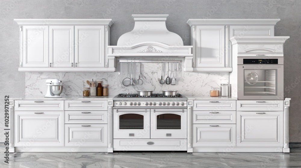 Fototapeta premium White Kitchen with Ornate Range Hood and Stainless Steel Oven