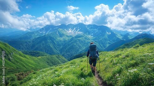 A young man hikes a verdant mountain trail under a sunny sky.