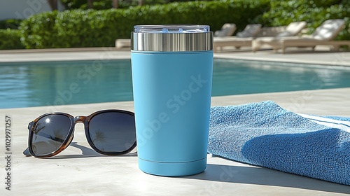 Blue Tumbler on Poolside with Sunglasses and Towel