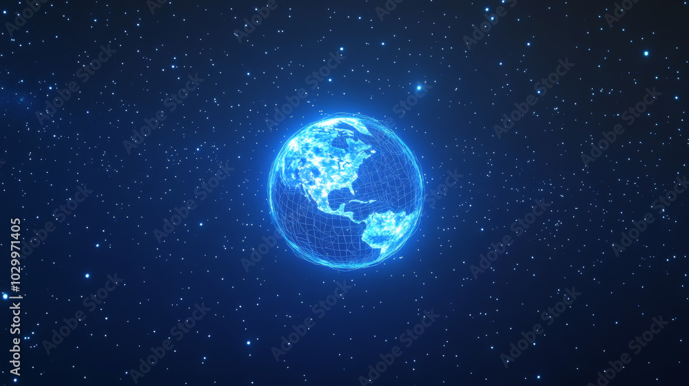 A blue night sky filled with stars, with a glowing Earth in the center. This design promotes saving energy and protecting the environment with a message about Earth Hour.low poly wireframe. A blue night sky filled with stars, with a glowing Earth in the center. This design promotes saving energy and protecting the environment with a message about Earth Hour.low poly wireframe.