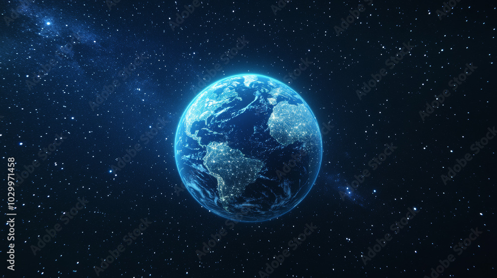 A blue night sky filled with stars, with a glowing Earth in the center. This design promotes saving energy and protecting the environment with a message about Earth Hour.low poly wireframe. A blue night sky filled with stars, with a glowing Earth in the center. This design promotes saving energy and protecting the environment with a message about Earth Hour.low poly wireframe.