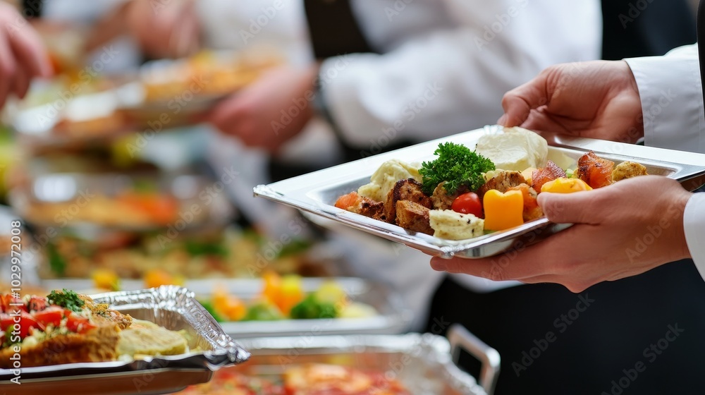 Fototapeta premium Serving a variety of dishes at a formal catering event in the evening