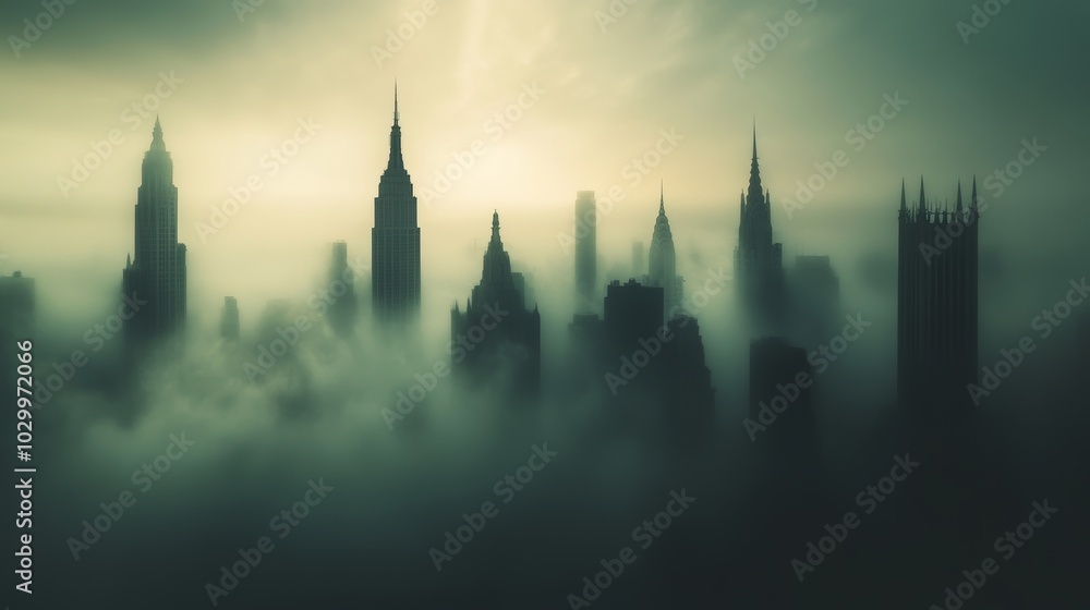 Fototapeta premium Mysterious Cityscape in Dense Fog, Ideal for Atmospheric and Moody Backgrounds Generative AI