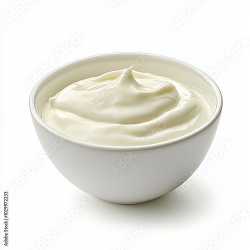 Creamy yogurt in a white bowl, isolated on white background.