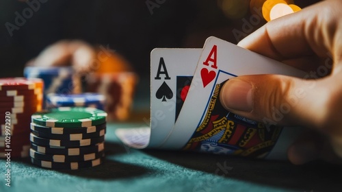 A hand revealing two aces at a poker table during a night game photo